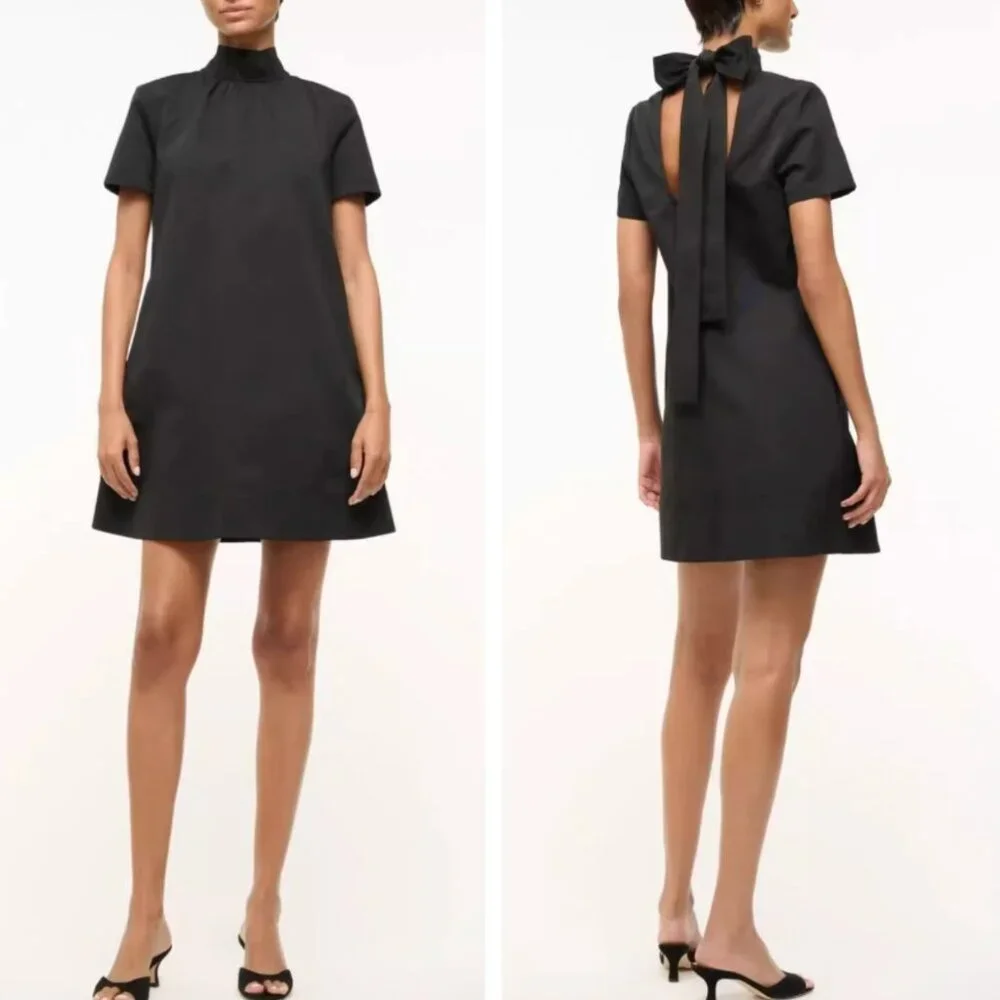 NWT STAUD Mini Ilana Dress XS/S/M Black Noir Bow Cocktail Formal Event Party